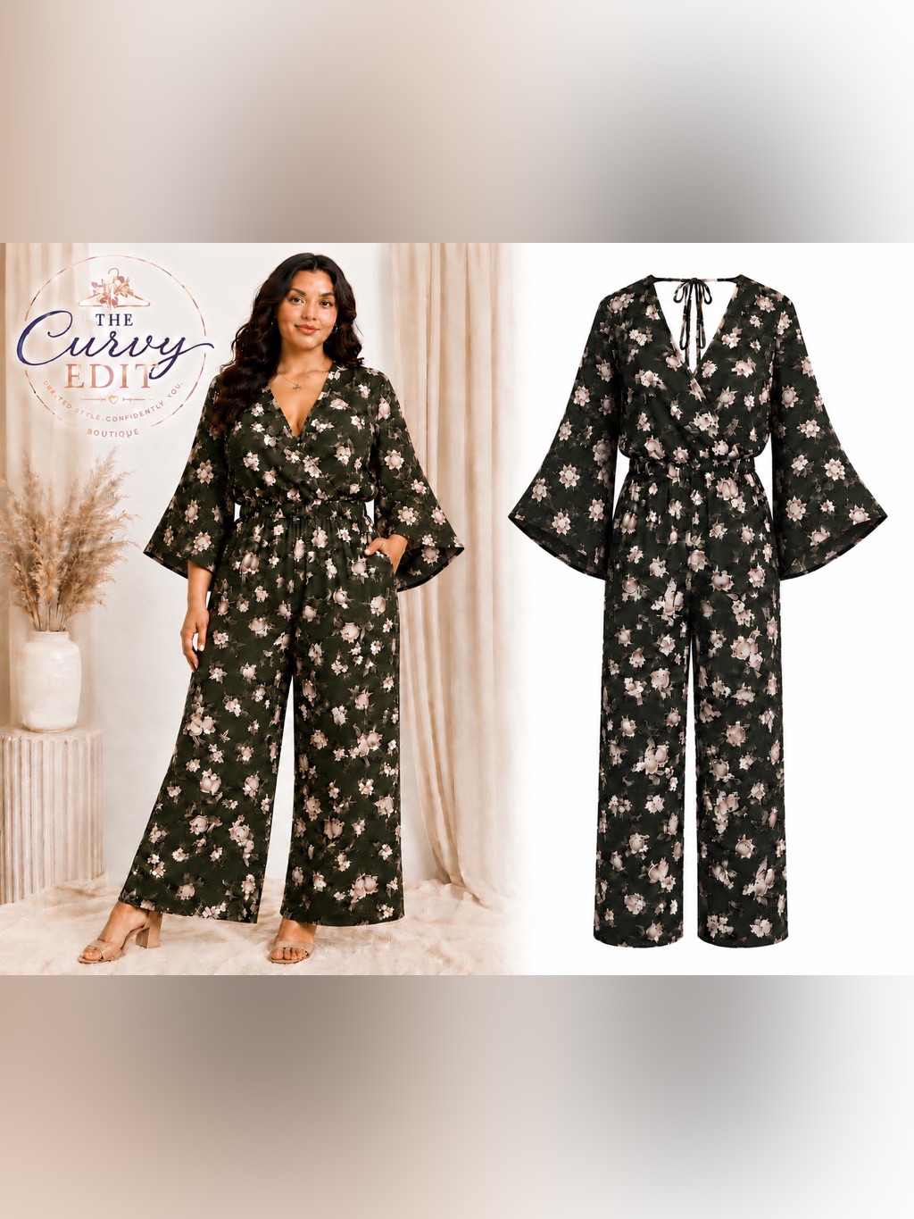 Fashion 2 Figure Size 1 Floral Wide Leg Jumpsuit Faux Wrap Bell Sleeve Boho